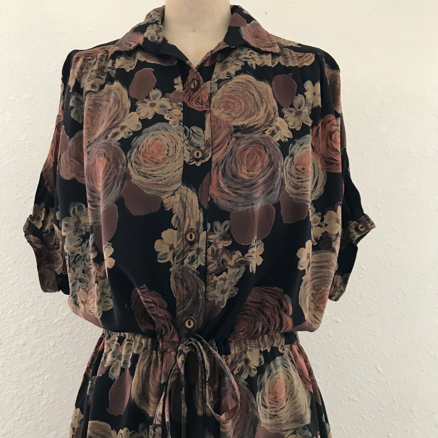 Vintage 1980s Black + Tan Floral Midi Dress
