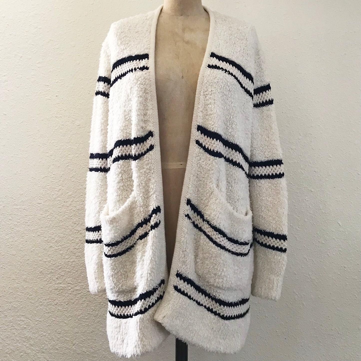 Madewell Cream Blue Striped Cotton Knit Oversized Cardigan Sweater