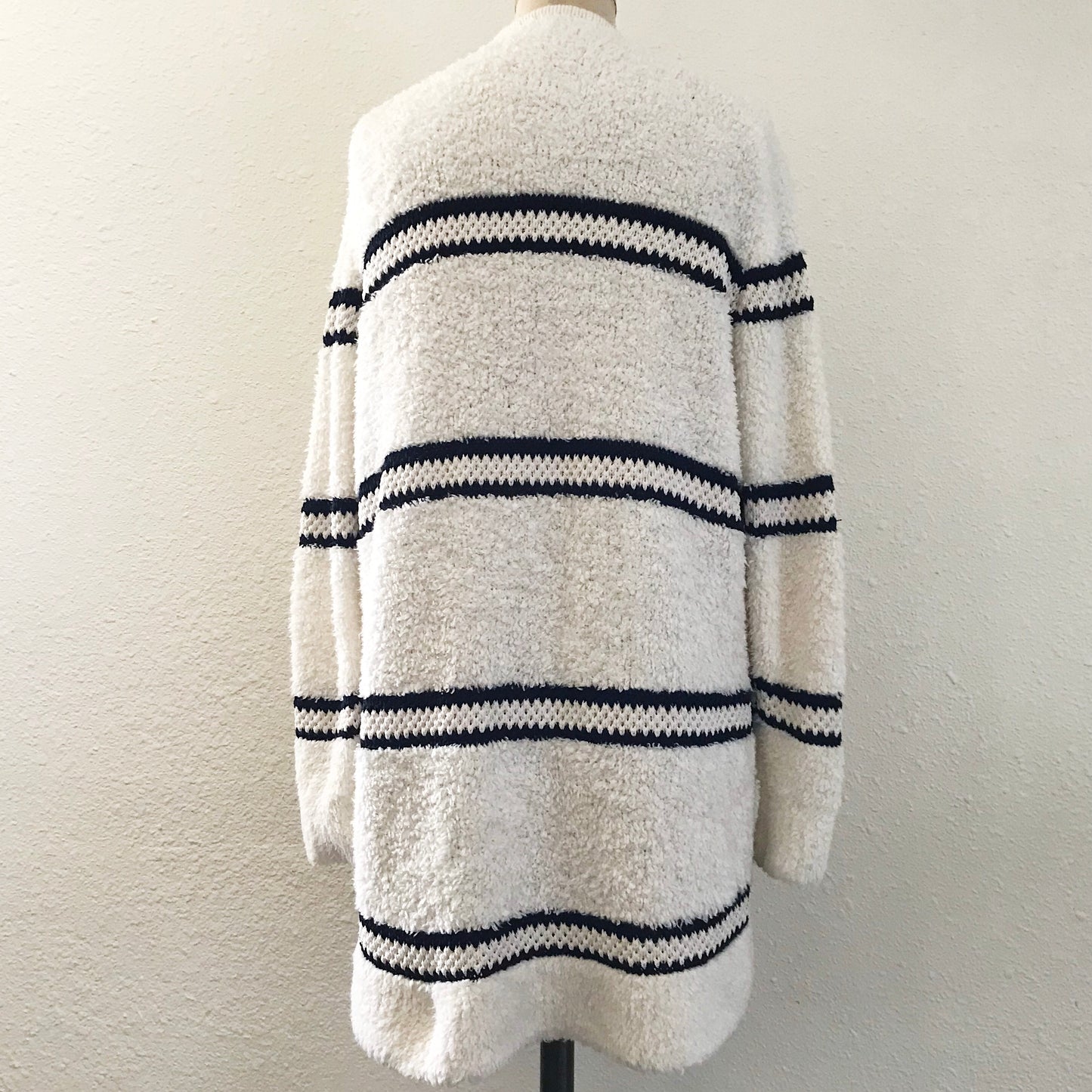 Madewell Cream Blue Striped Cotton Knit Oversized Cardigan Sweater