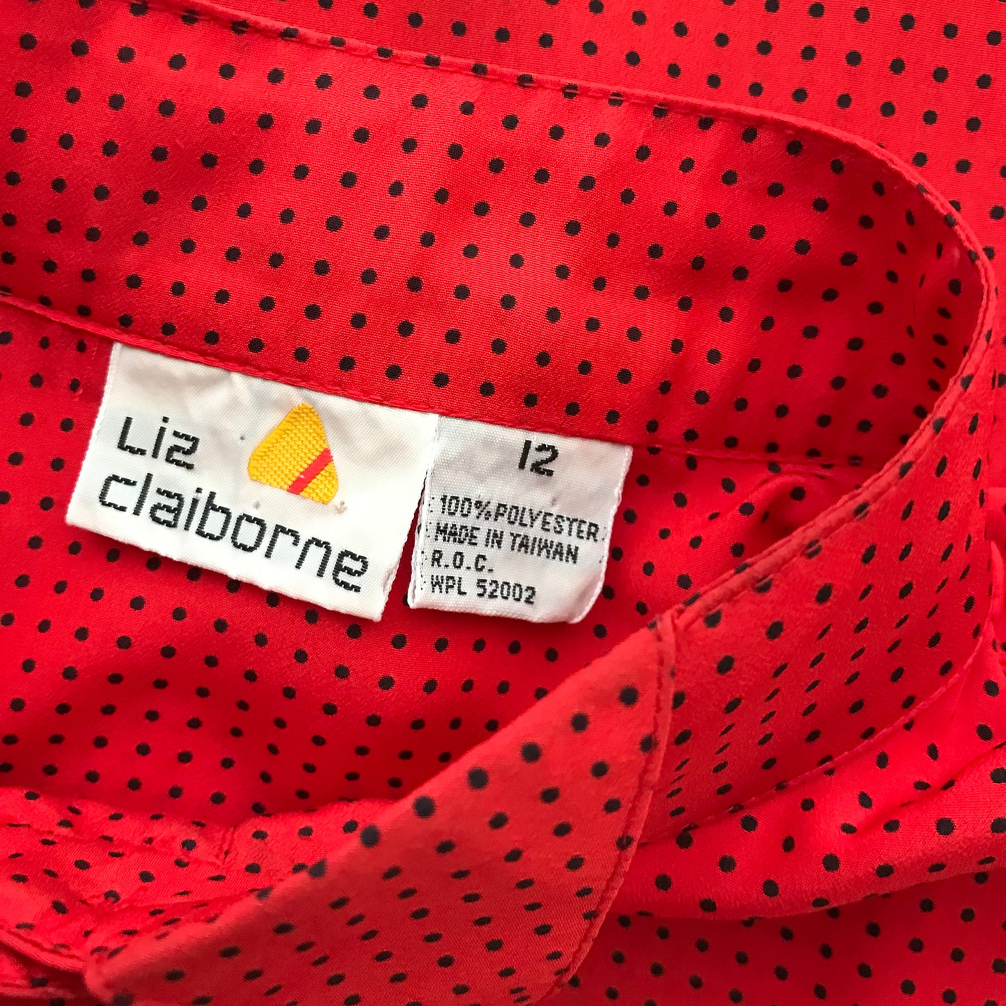 Vintage 1980s Liz Claiborne Red Black Long Sleeve Polka Dot Collared Blouse Top