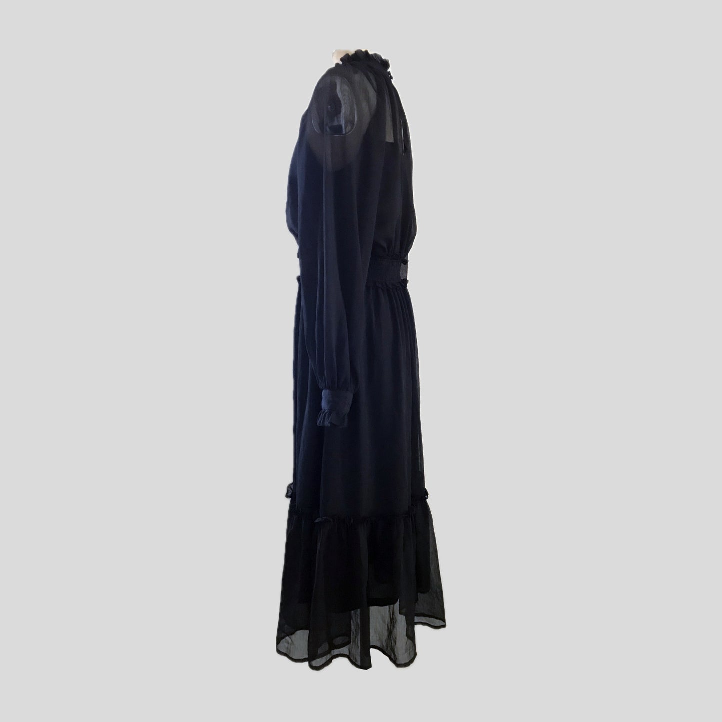 By The River Black Chiffon Long Sleeve Midi Dress