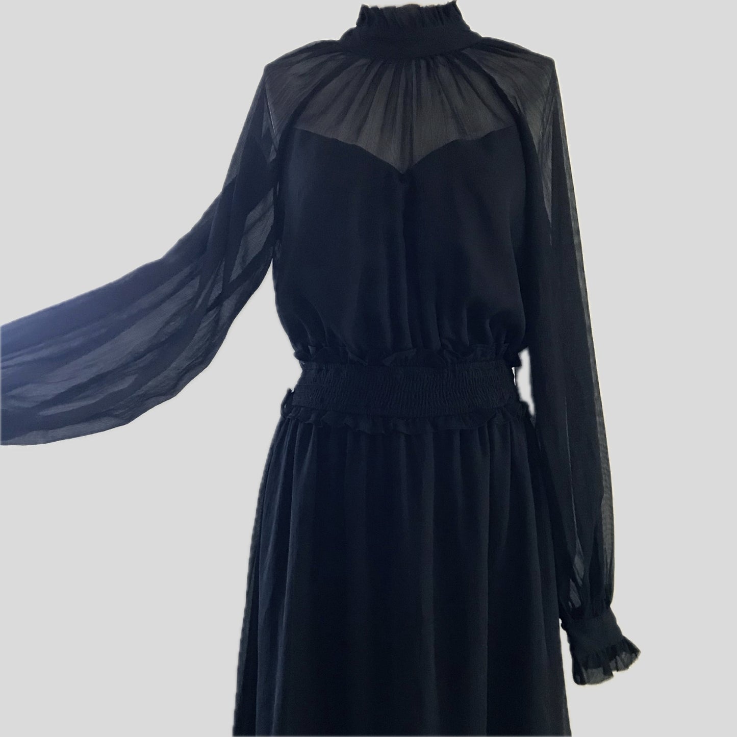 By The River Black Chiffon Long Sleeve Midi Dress