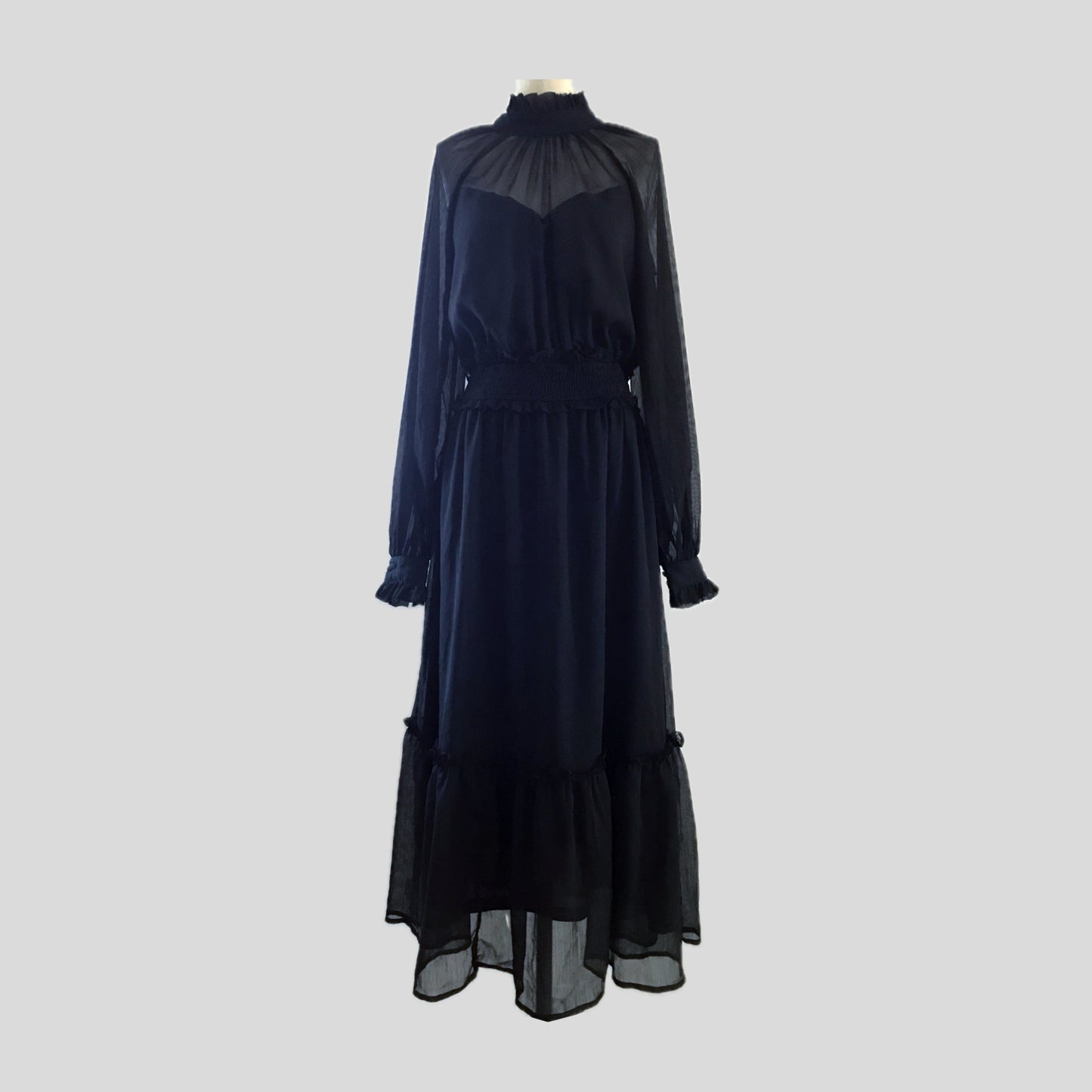 By The River Black Chiffon Long Sleeve Midi Dress