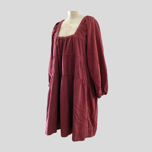 free-people-burgundy-tiered-cotton-long-sleeve-mini-dress.-square-neck