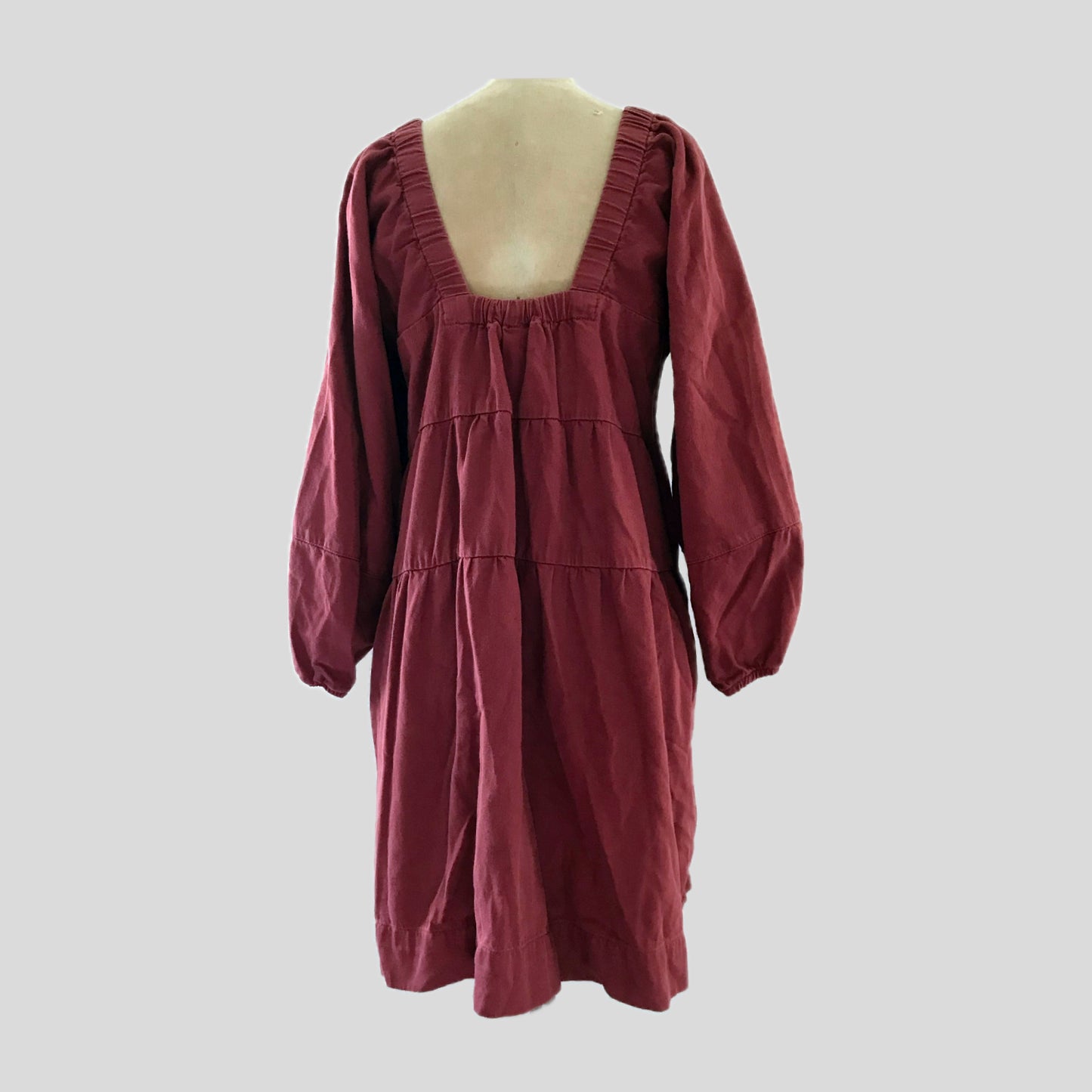 free-people-burgundy-tiered-cotton-long-sleeve-mini-dress.-square-neck