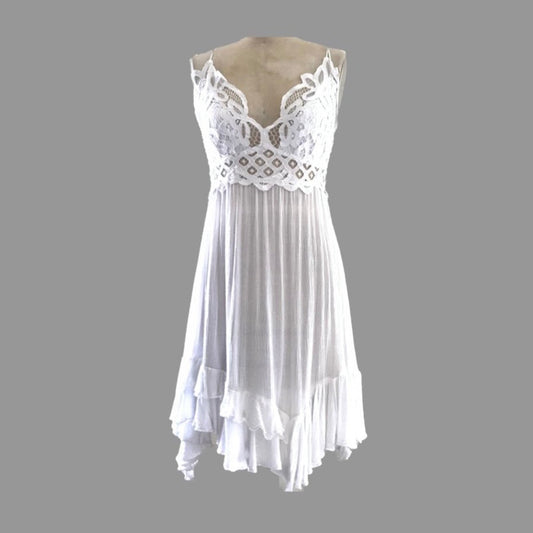 Free People White Crochet Ruffle Sleeveless Mini Dress
