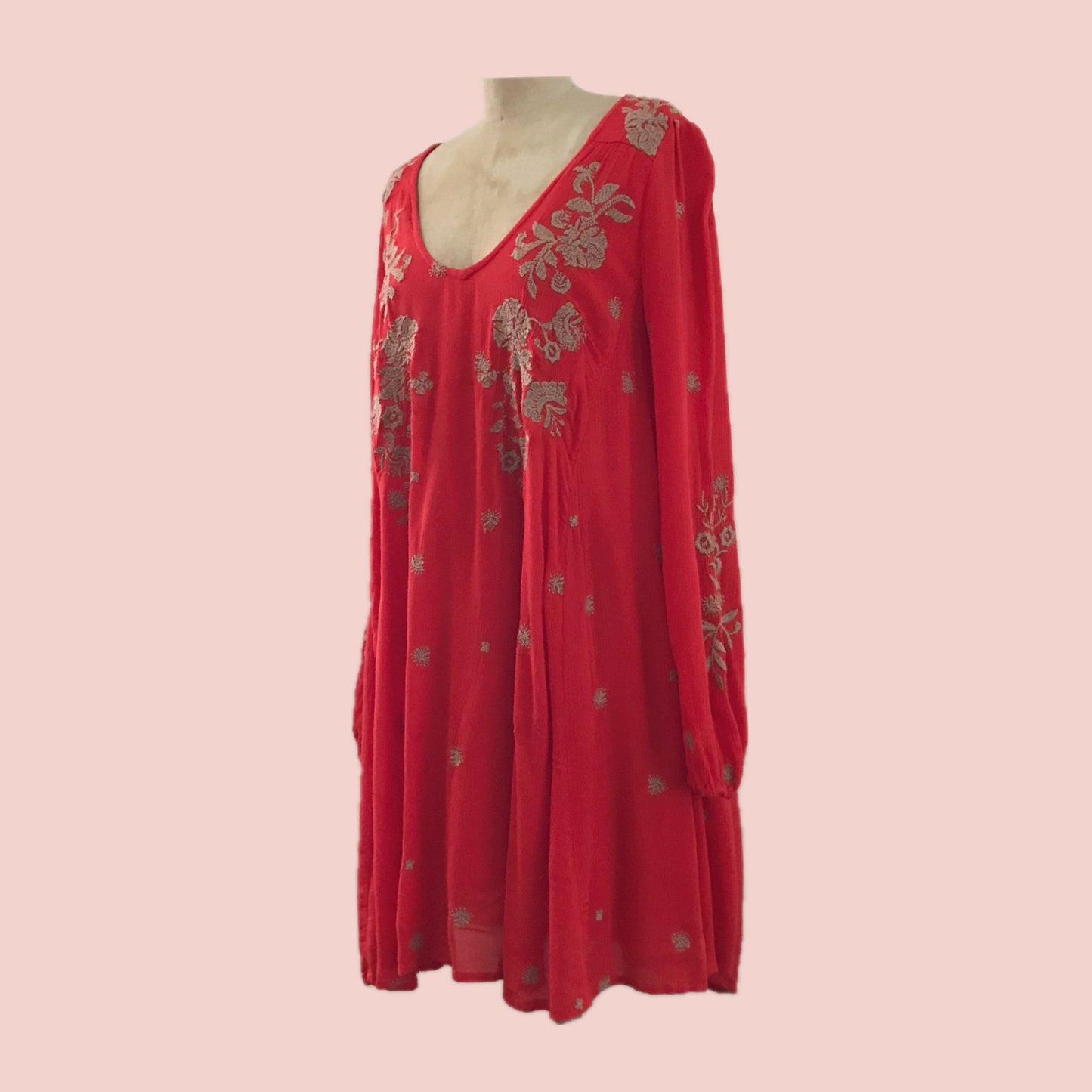 Free People Red Embroidered Open Back Mini Dress