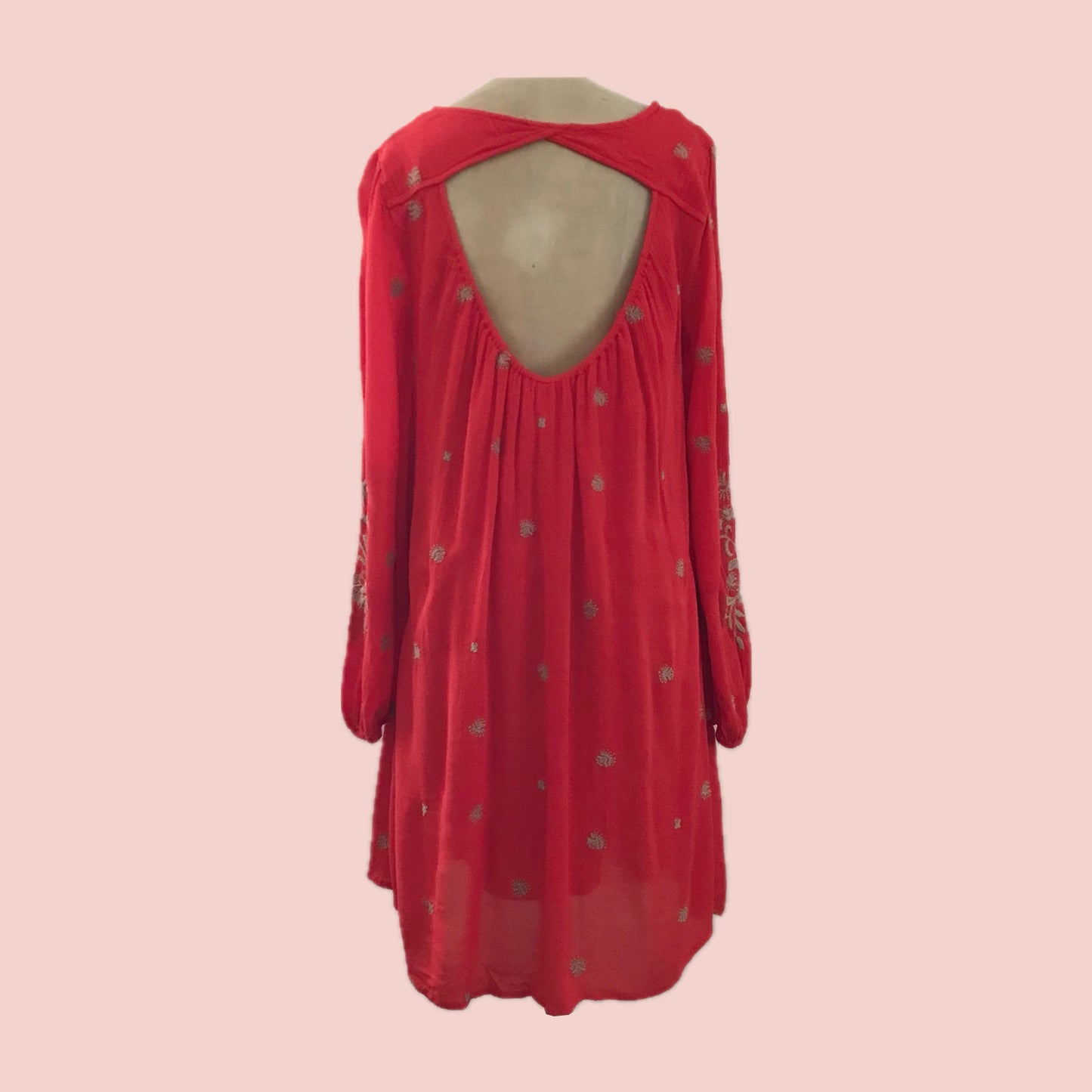 Free People Red Embroidered Open Back Mini Dress