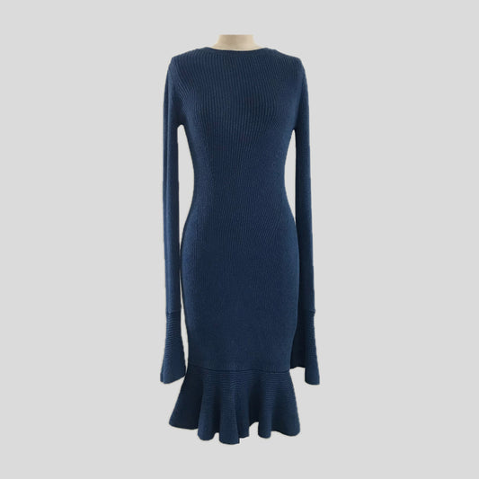 Intermix Blue Ribbed Knit Ruffle Midi Dress