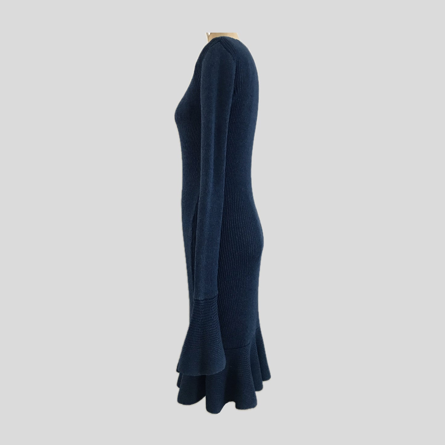 Intermix Blue Ribbed Knit Ruffle Midi Dress
