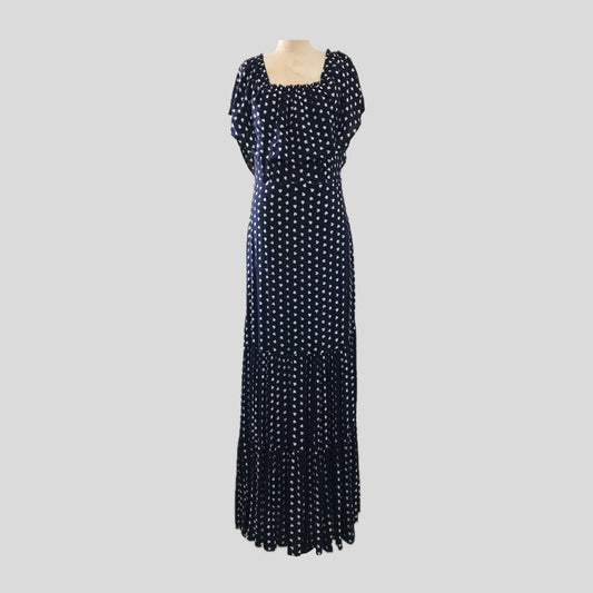 Loft Navy Blue Printed Ruffle Chiffon Maxi Long Dress