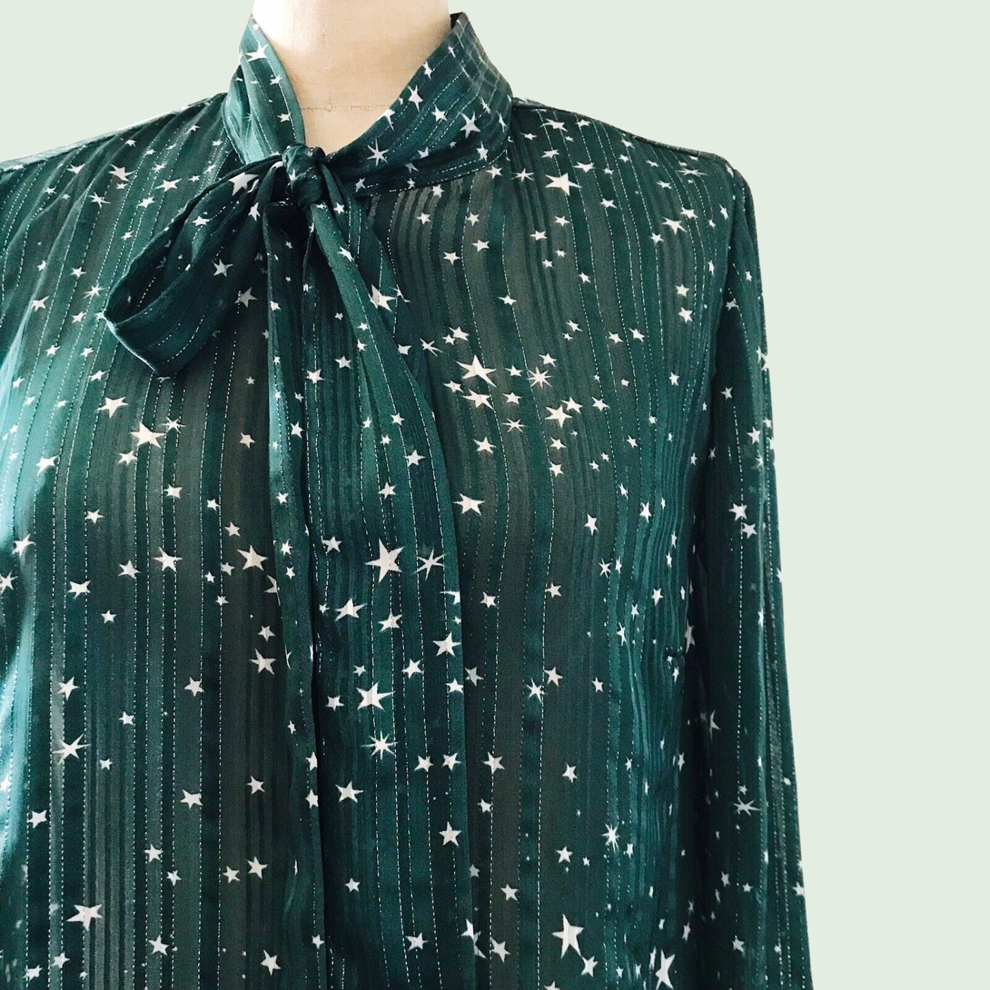 Modcloth Green Striped Star Pussybow Blouse