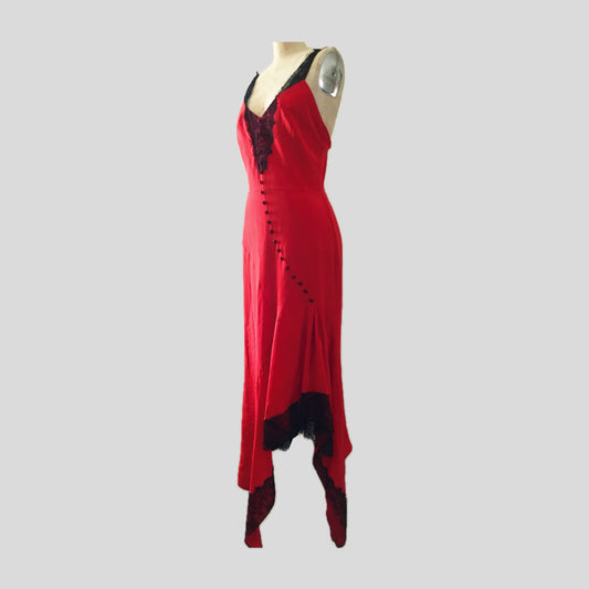 Olivier Theyskens Red Silk Lace Midi Slip Dress