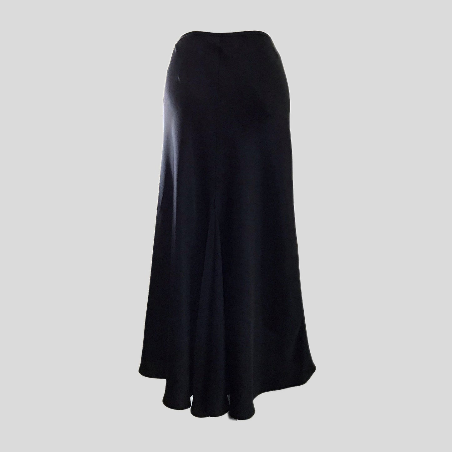 Vintage 1990s ABS Allen Schwartz Black Satin Minimalist Chic Midi Skirt