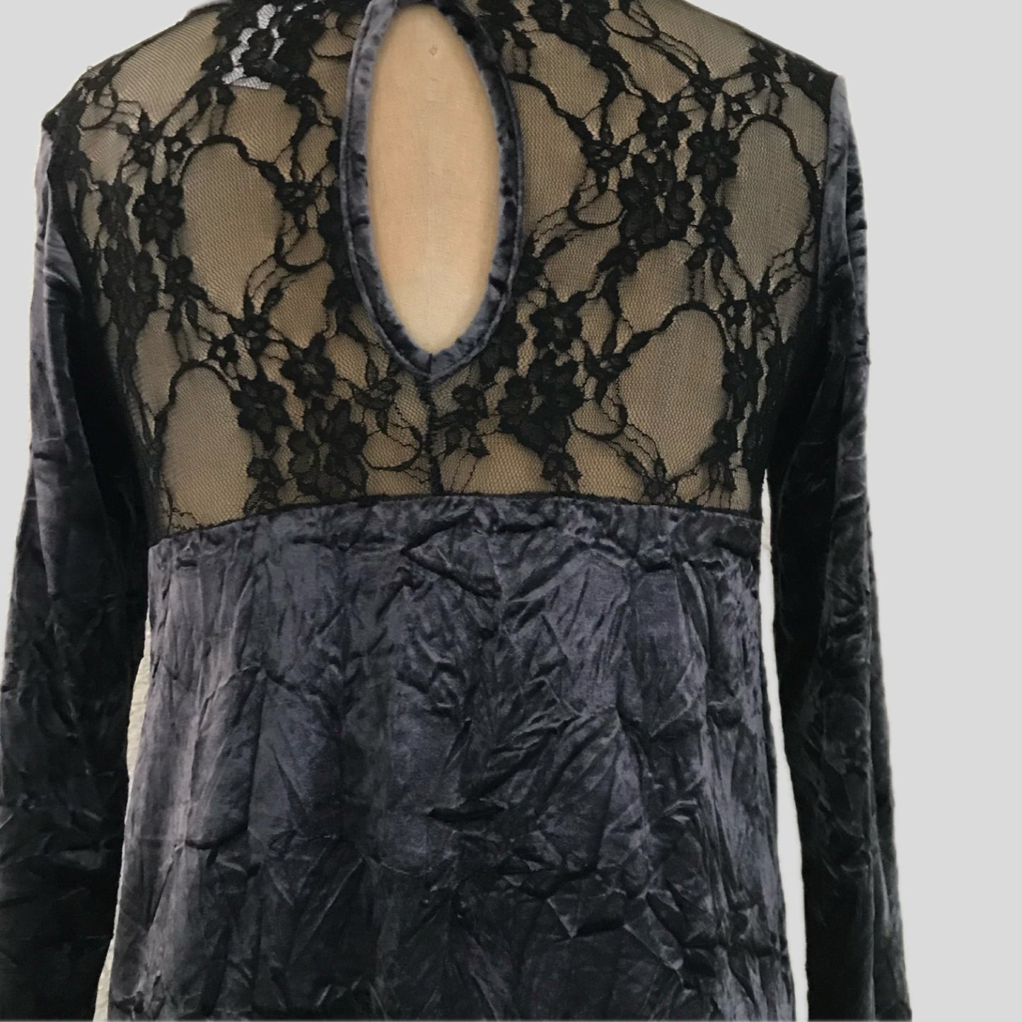 Vintage 1990s Gray Crushed Velvet + Lace Mini Dress