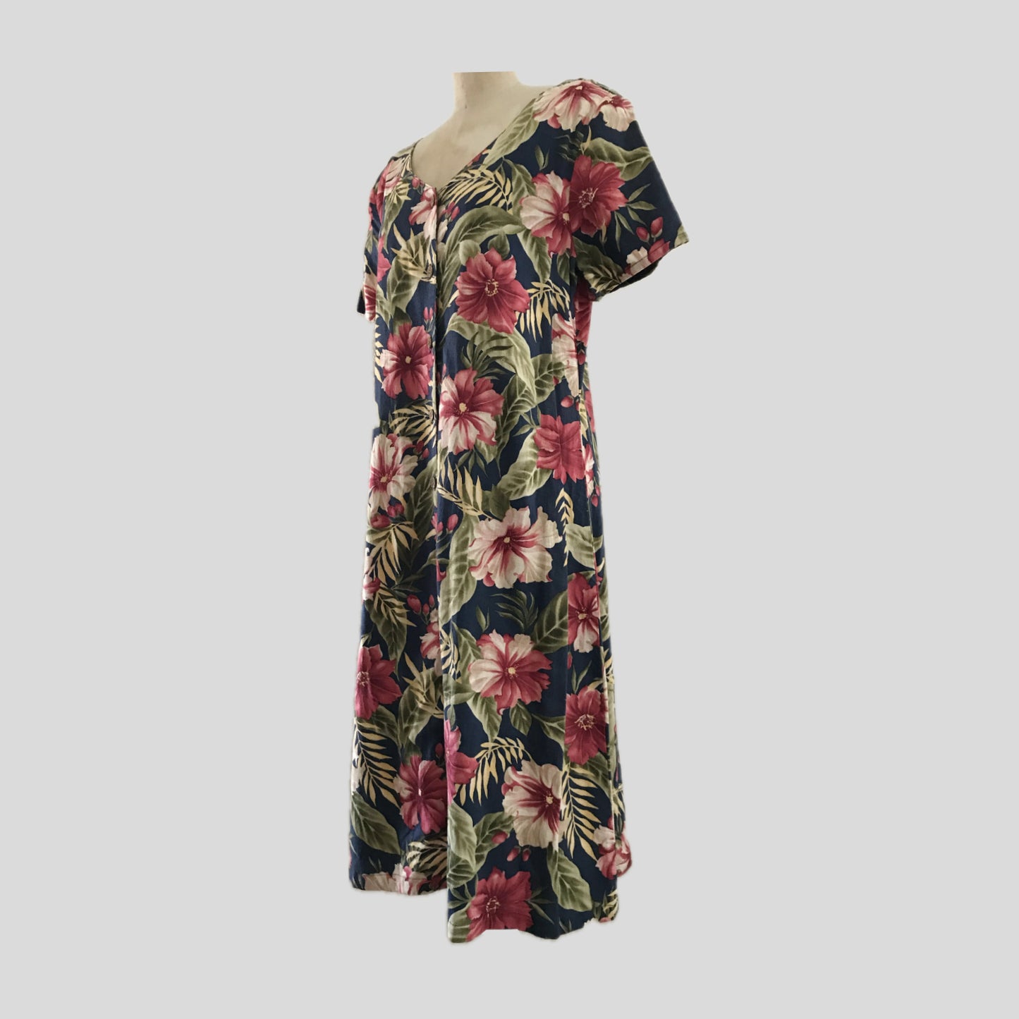 Vintage 1990s Blue Tropical Floral Cotton Midi Dress