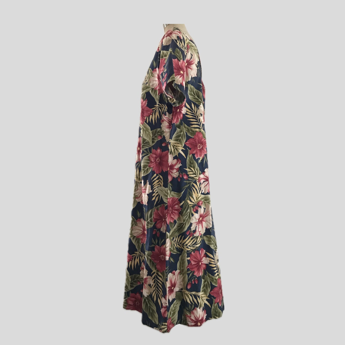 Vintage 1990s Blue Tropical Floral Cotton Midi Dress