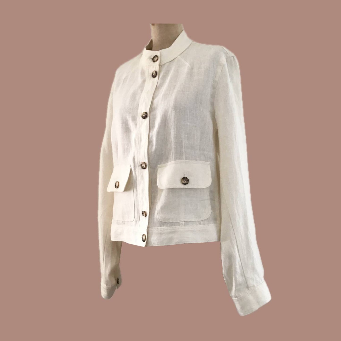 Vintage 1990s Off White Linen Long Sleeve Neutral Safari Jacket Top