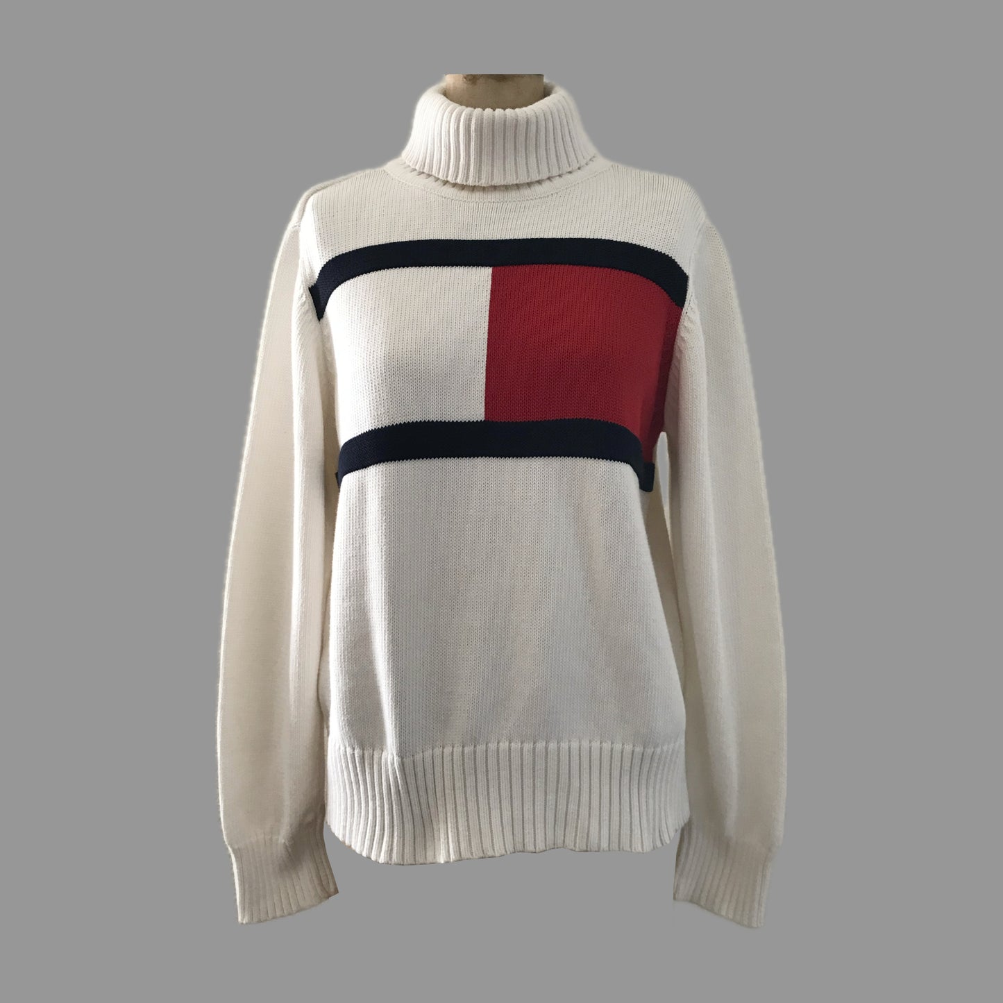 Tommy Hilfiger Vintage Y2k Ivory Cotton Knit Logo Turtleneck Sweater