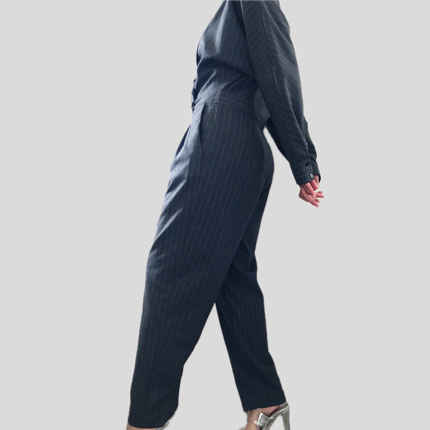Zara Gray Pinstripe Dolman Sleeve V Neck Pleated Jumpsuit