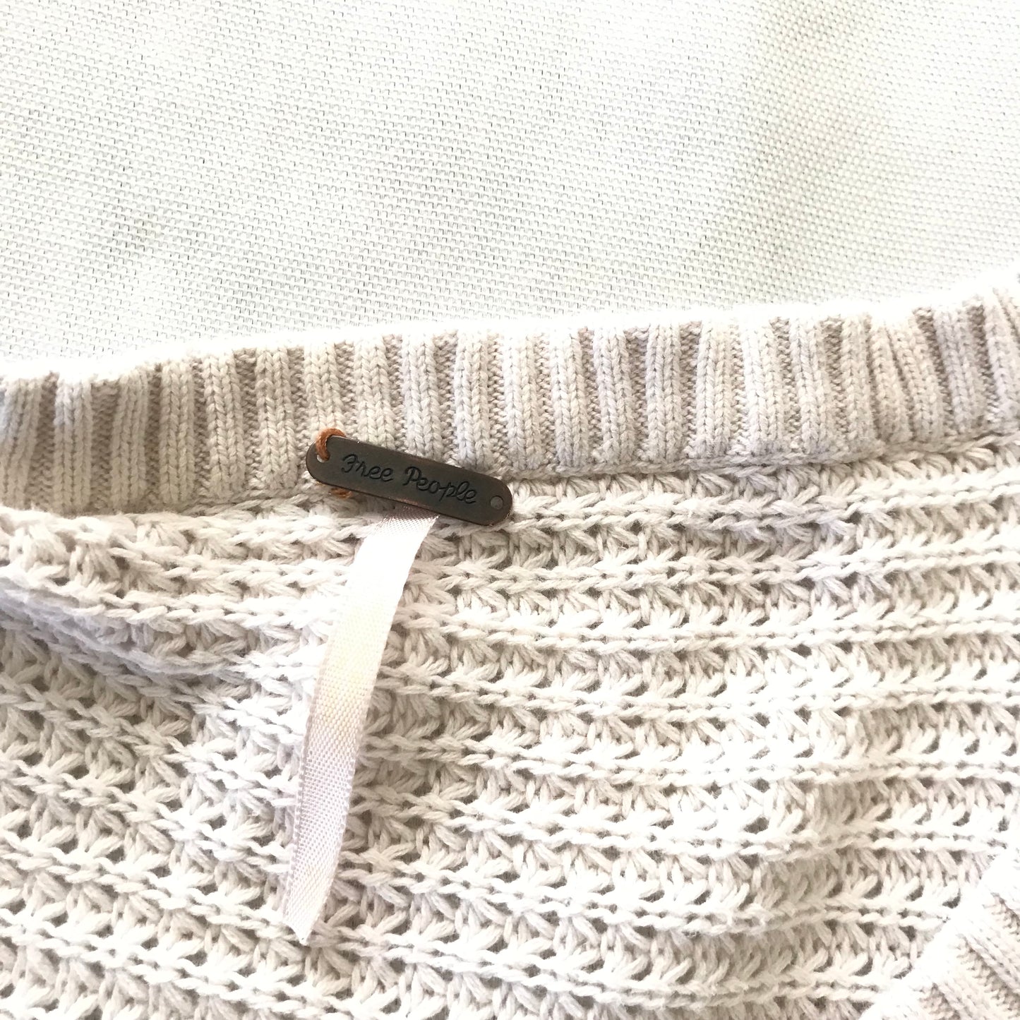 Free People Ivory Waffle Knit Cotton V Neck Top