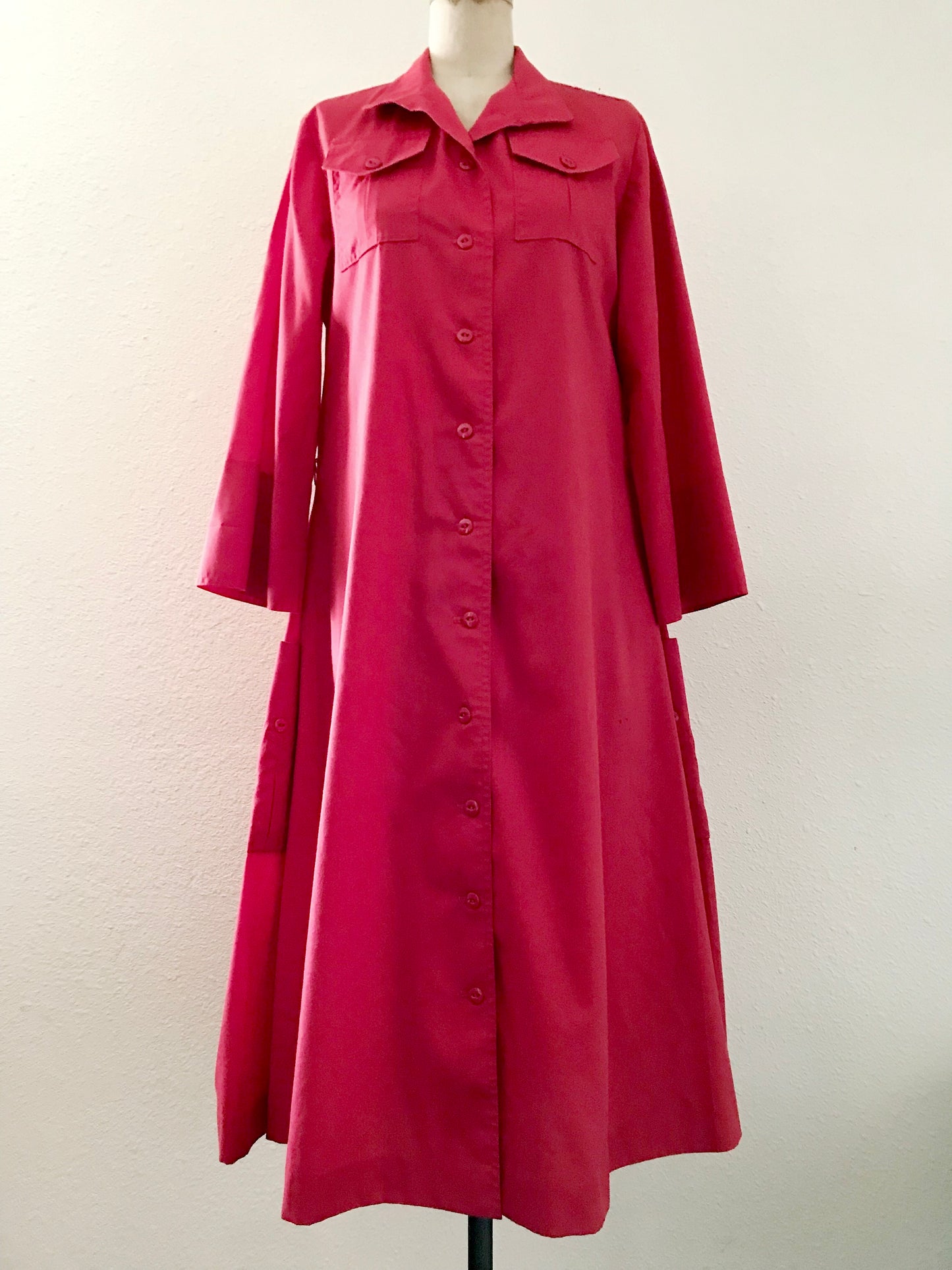 Vintage Serbin 1960s Red A Line Button Front 3/4 Sleeve Midi Dress