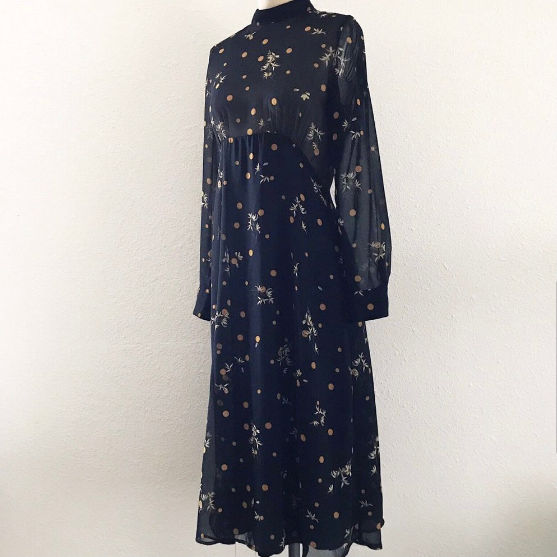 Zara Black Chiffon Polka Dot Floral Midi Dress
