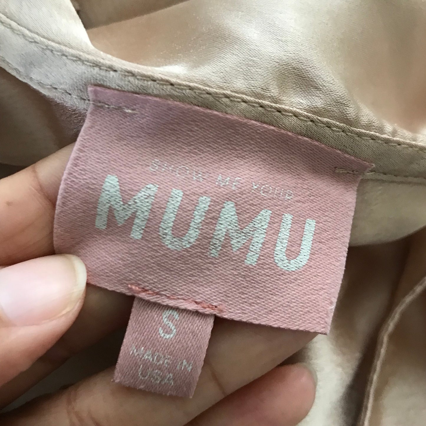 Show Me Your Mumu Tan Satin Ruffle Midi Dress