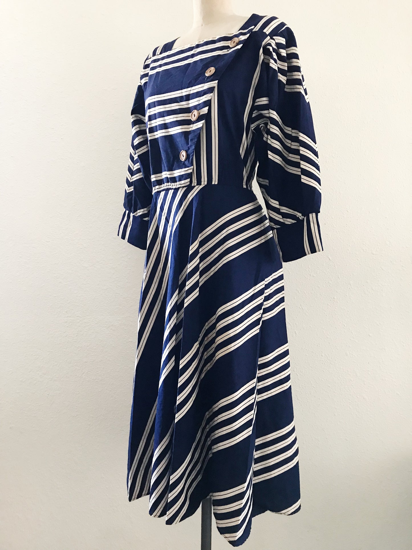Vintage 1980s Blue Striped Cotton Midi Dress