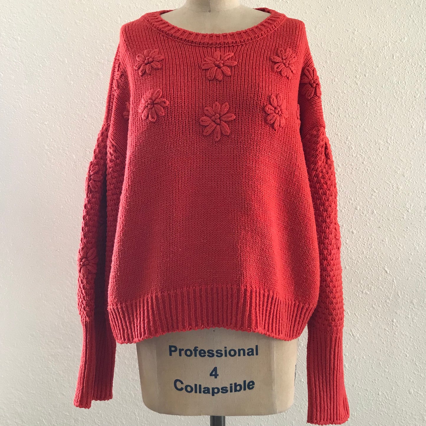 Anthropologie Orange Chunky Knit Embroidered Sweater