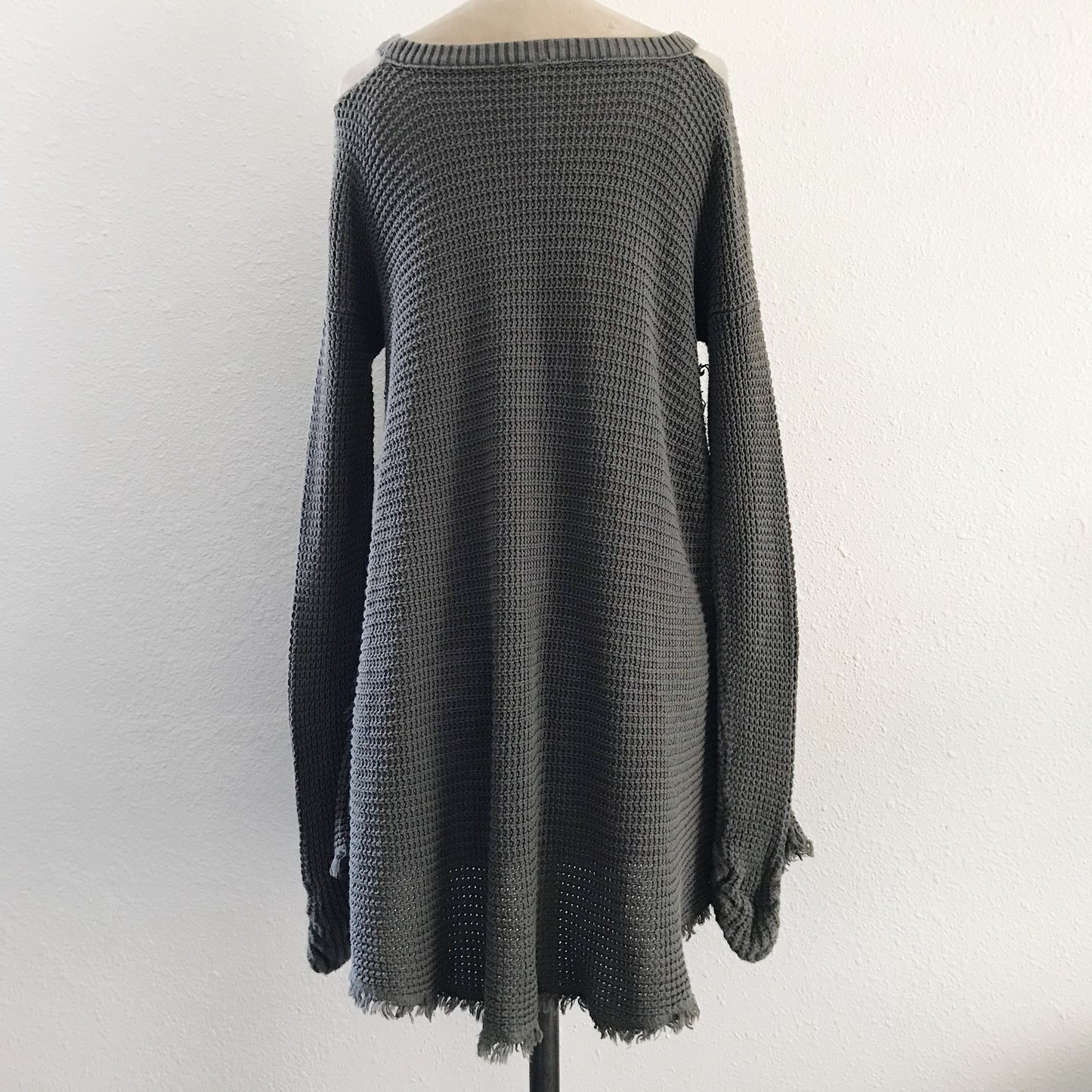 Free People Green Cotton Waffle Knit Long Sleeve Top