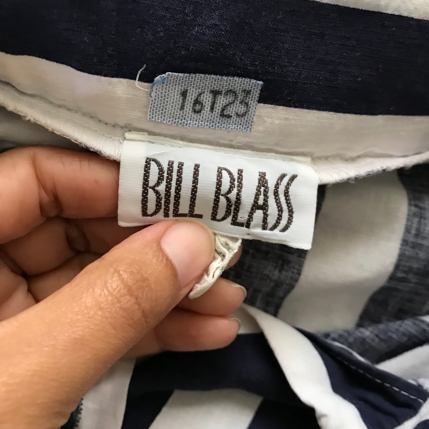 Bill Blass Vintage 1990s White Navy Blue Cotton Striped Shirt