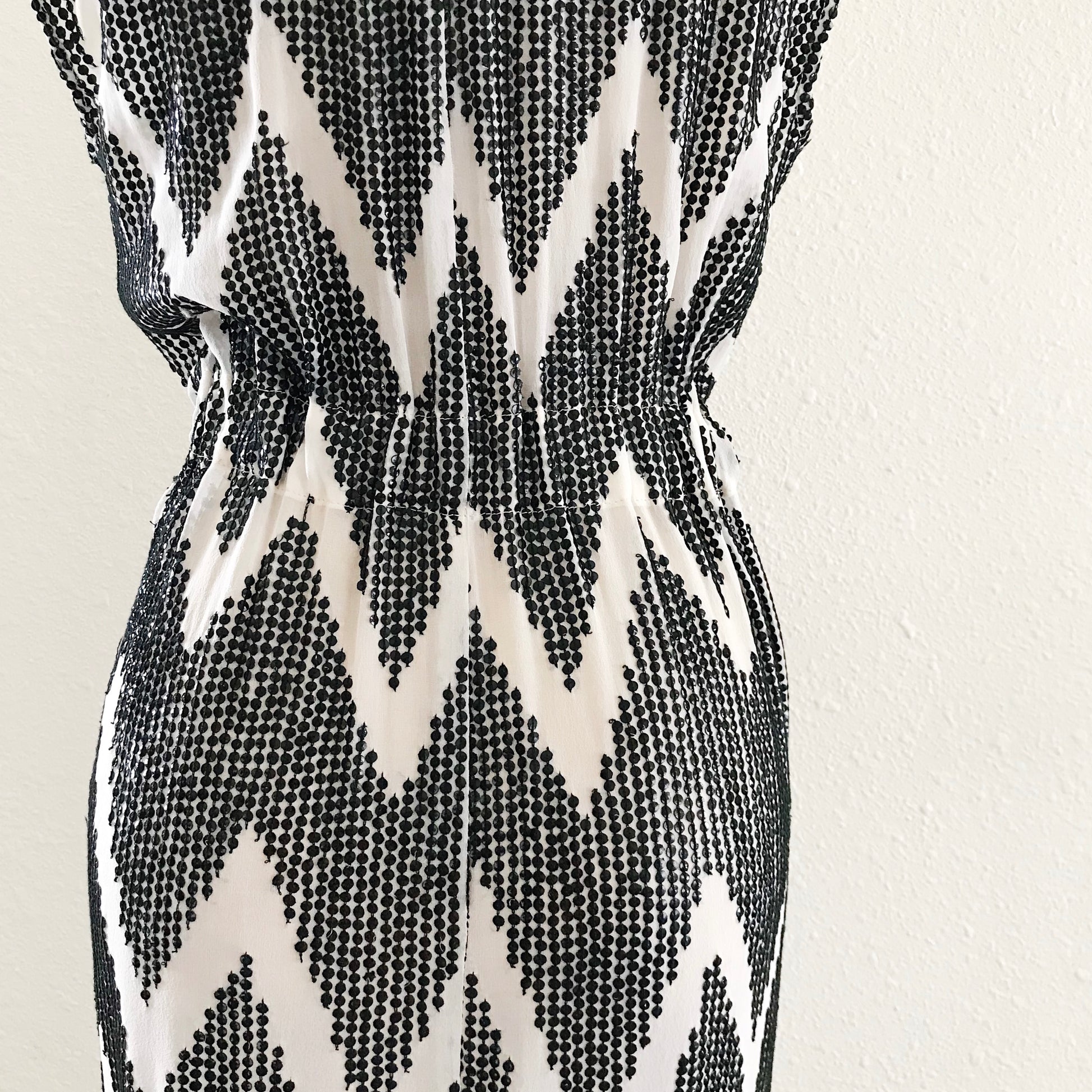 Prelovely | Thurley Ivory + Black Silk Sequin Geometric Zig Zag Draped Mini Dress