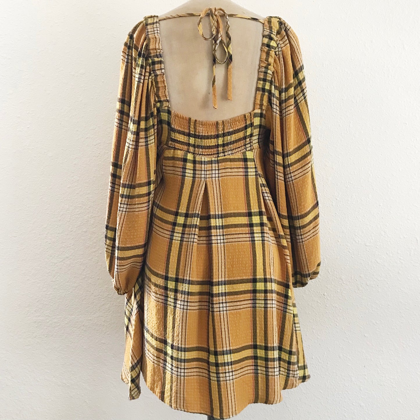 Urban Outfitters Yellow Plaid Bubble Sleeve Mini Dress