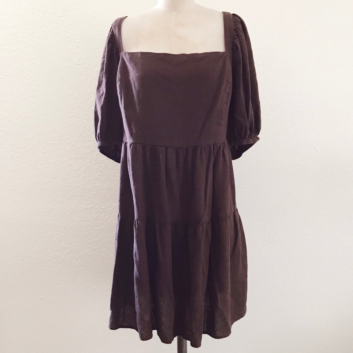 House of Harlow Brown Cotton Linen Tiered Short Sleeve Mini Dress