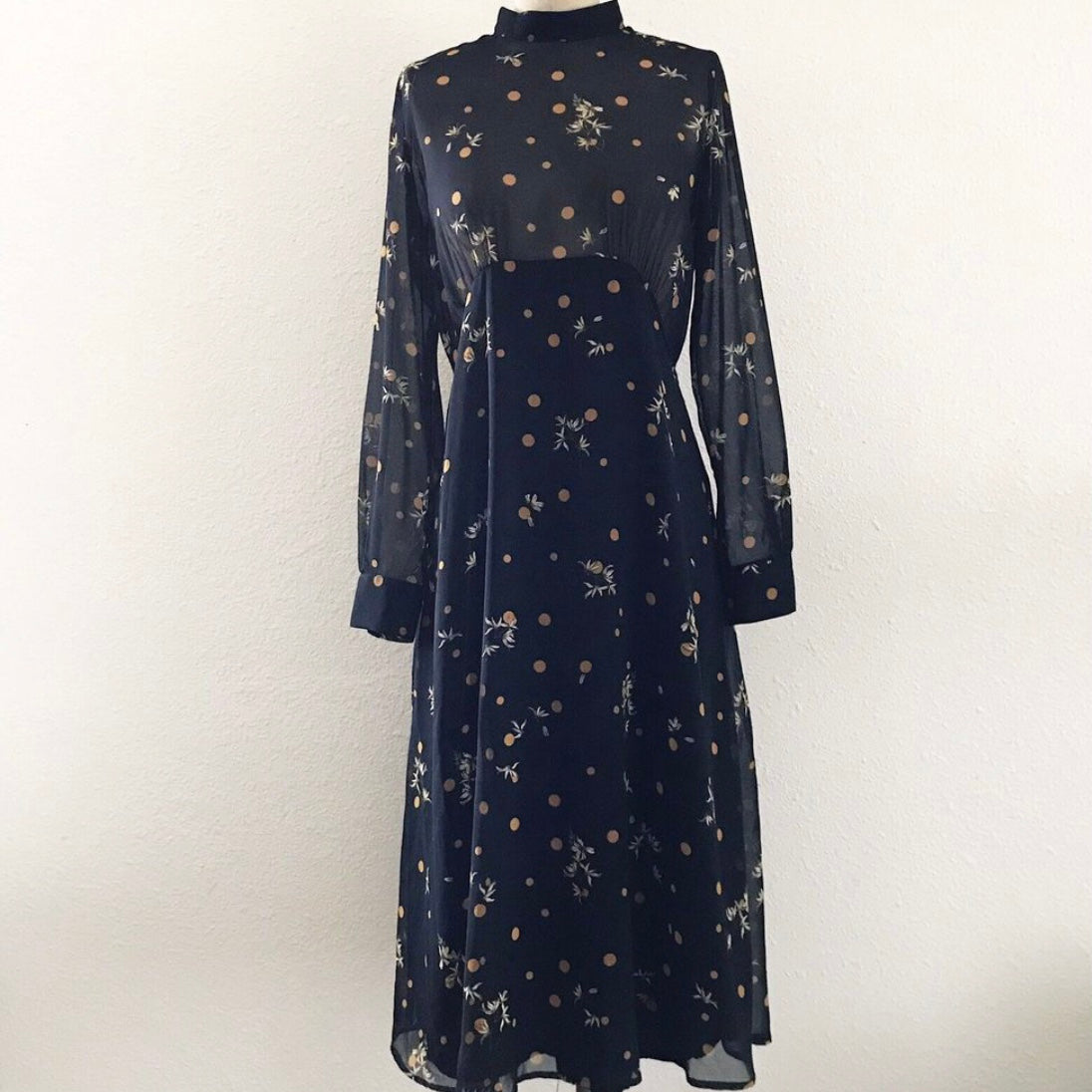 Zara Black Chiffon Polka Dot Floral Midi Dress