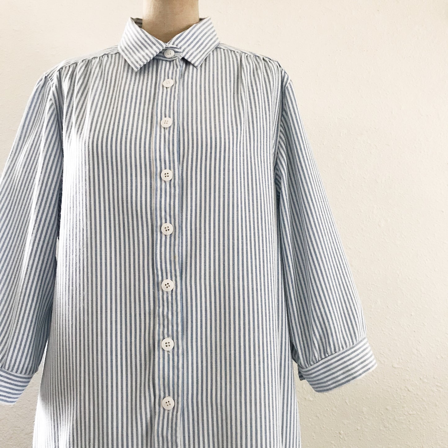 Vintage Blue White Striped Cotton Drop Waist Midi Dress