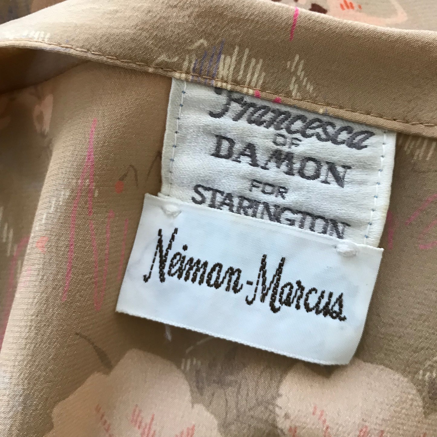Vintage 1970s Neiman Marcus Tan Silk Floral Midi Dress