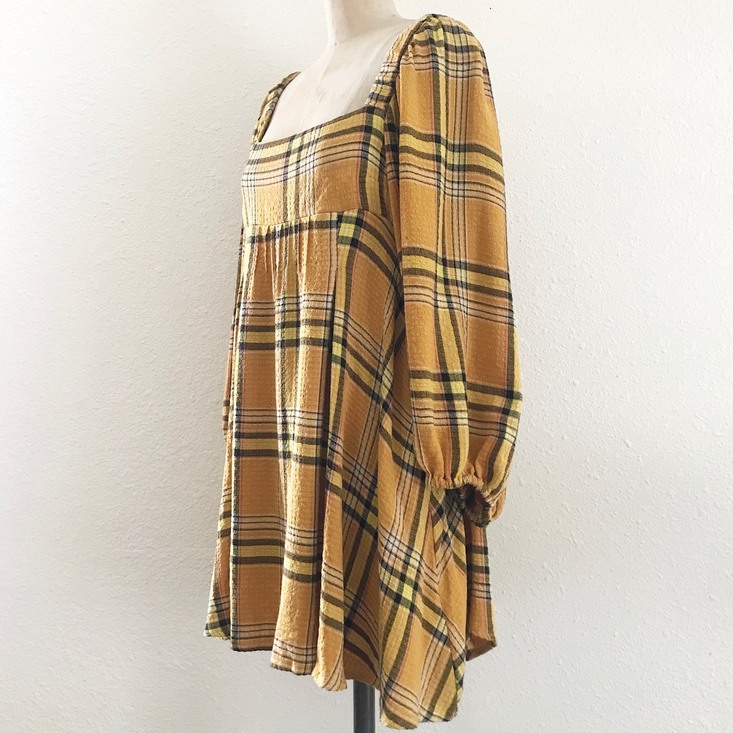 Urban Outfitters Yellow Plaid Bubble Sleeve Mini Dress