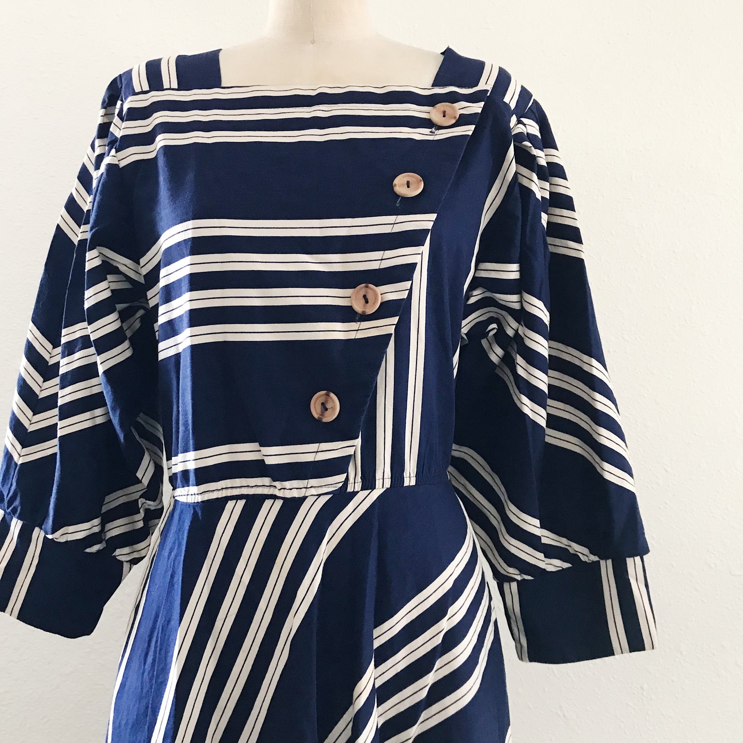 Vintage 1980s Blue Striped Cotton Midi Dress
