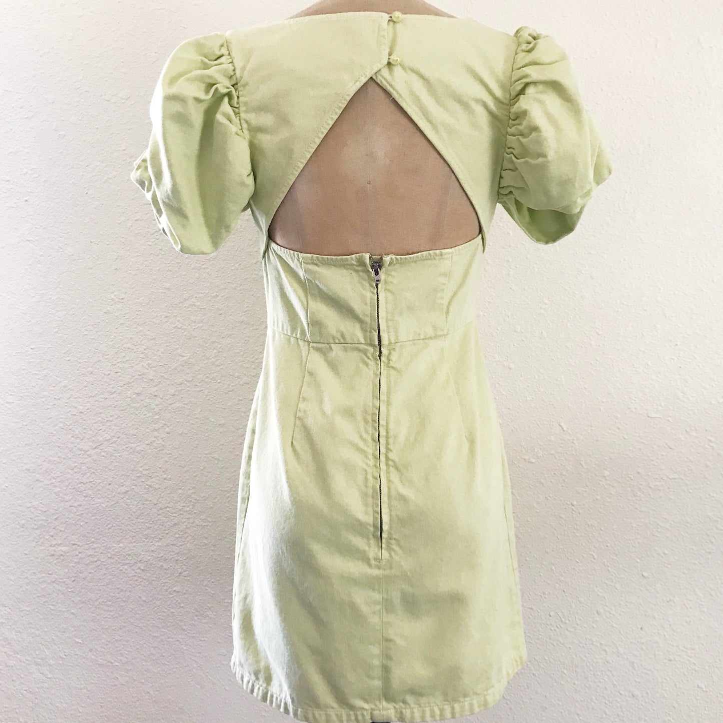 Asos Light Green Puff Sleeve Denim Cutout Short Mini Dress