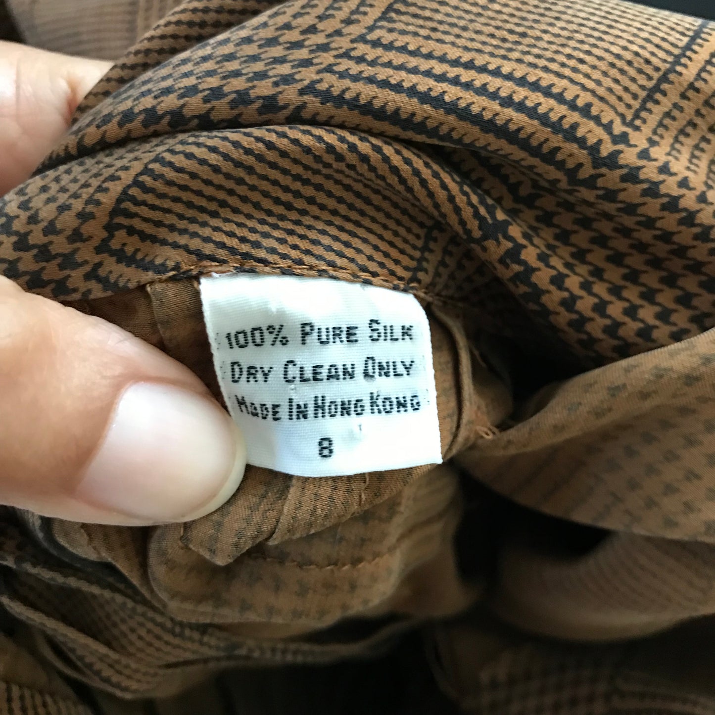 Vintage 1970s Brown Silk Houndstooth Blouse