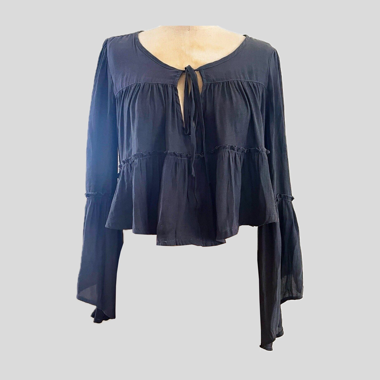Free-People-Gray-Long-Bell-Sleeve-Cropped-Boho-Top-Blouse