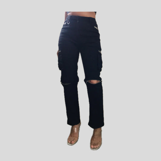 I Am Gia Black Cotton Zipper Utility Cargo Pants