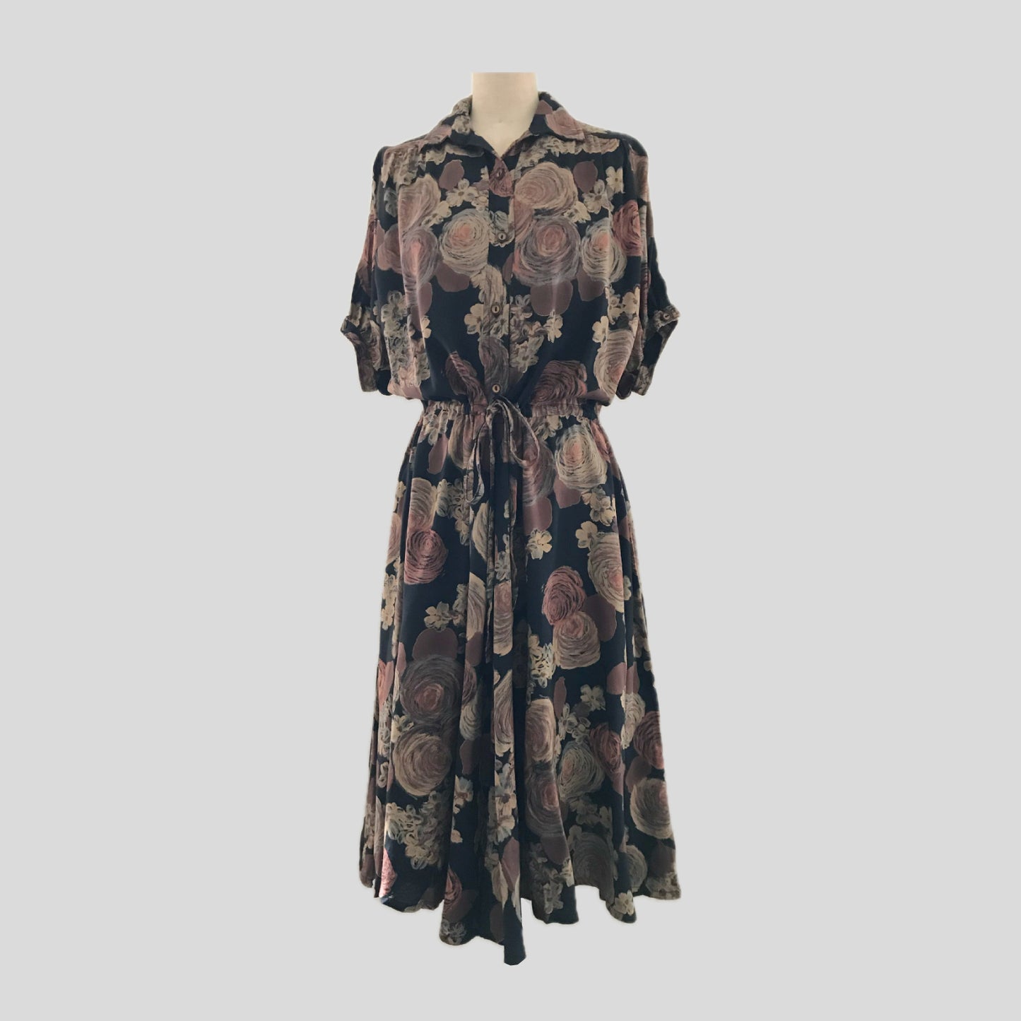 Vintage 1980s Black + Tan Floral Midi Dress