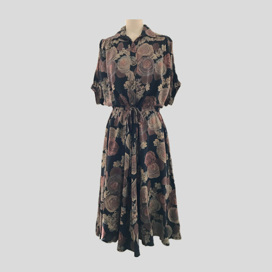 Vintage 1980s Black + Tan Floral Midi Dress