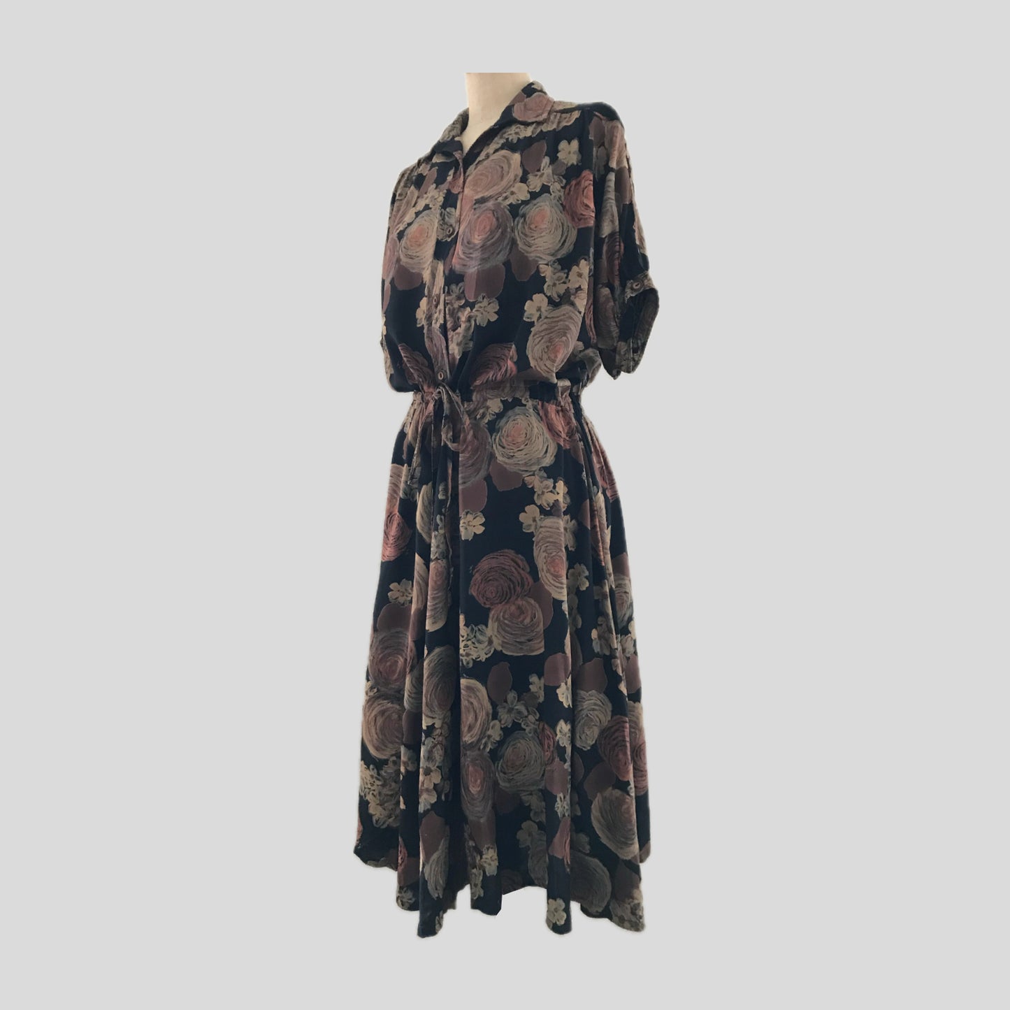 Vintage 1980s Black + Tan Floral Midi Dress