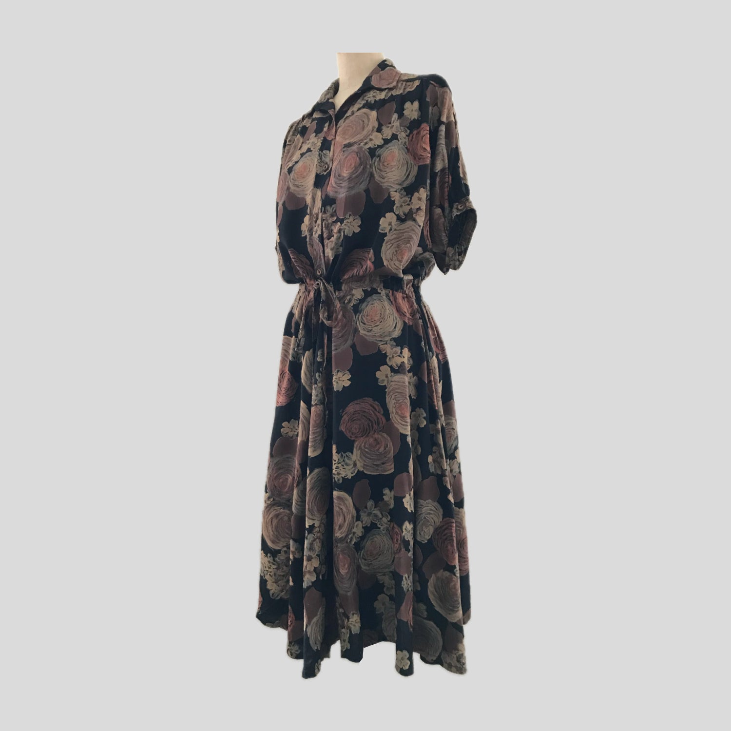 Vintage 1980s Black + Tan Floral Midi Dress