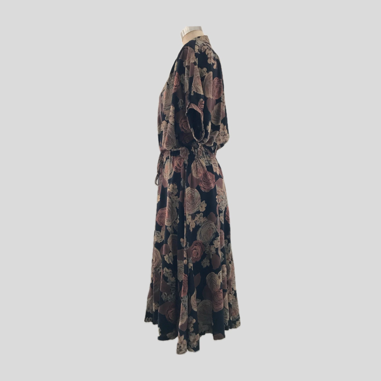 Vintage 1980s Black + Tan Floral Midi Dress