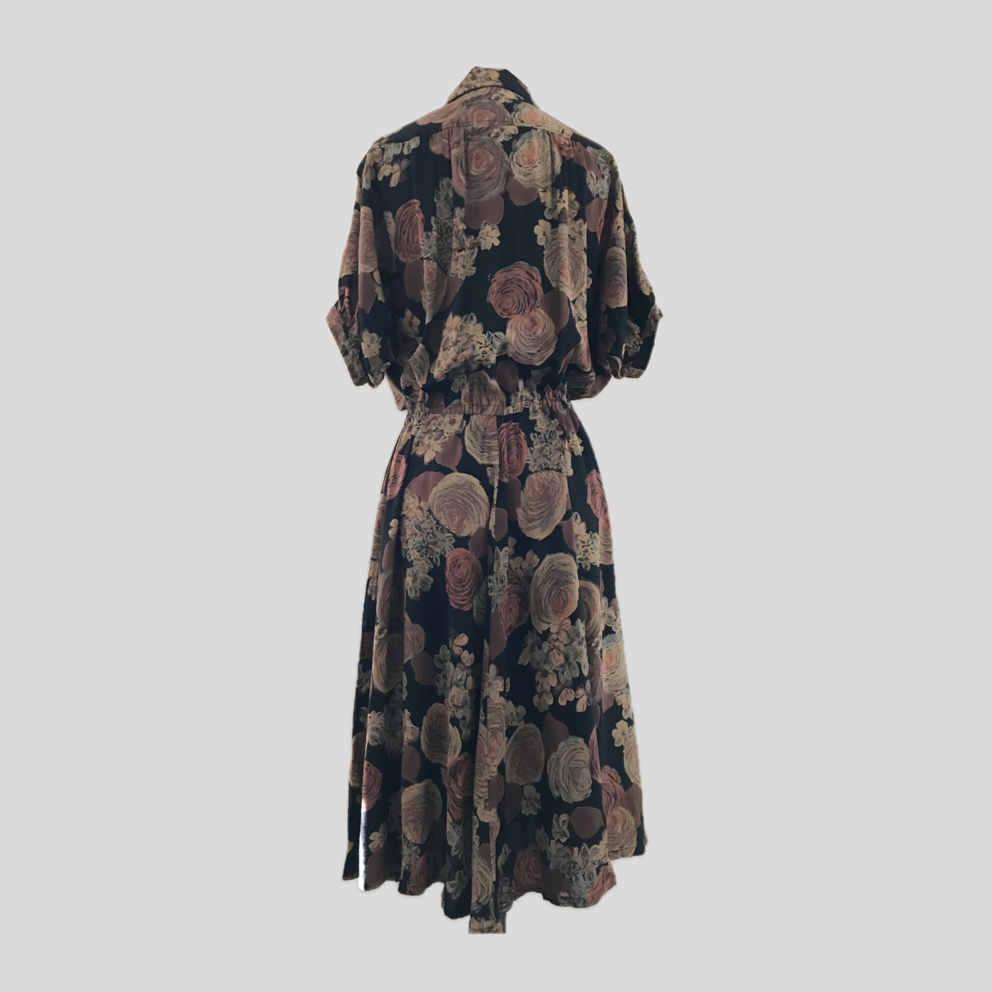 Vintage 1980s Black + Tan Floral Midi Dress